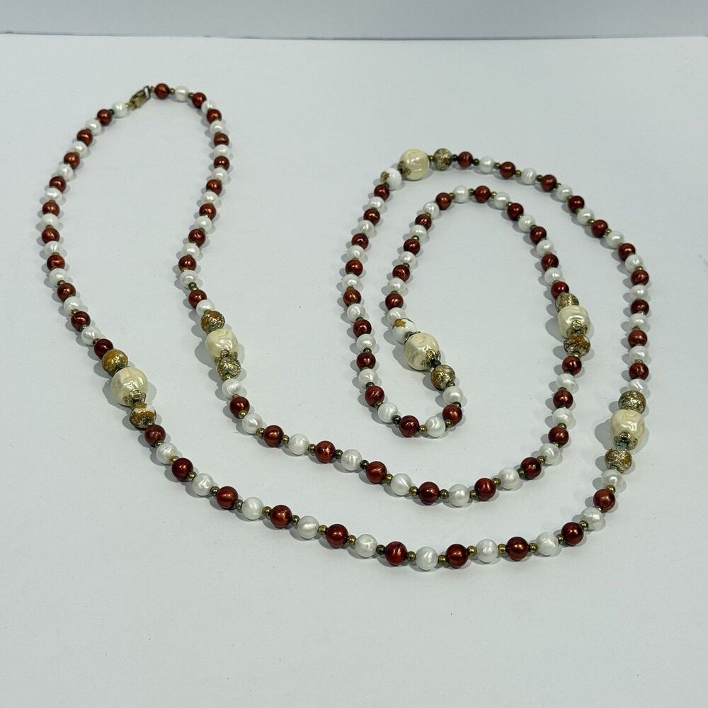 Vintage CORO Signed Faux Pearl Beaded Long Layering Necklace Cream Brown Gold - Picture 16 of 16